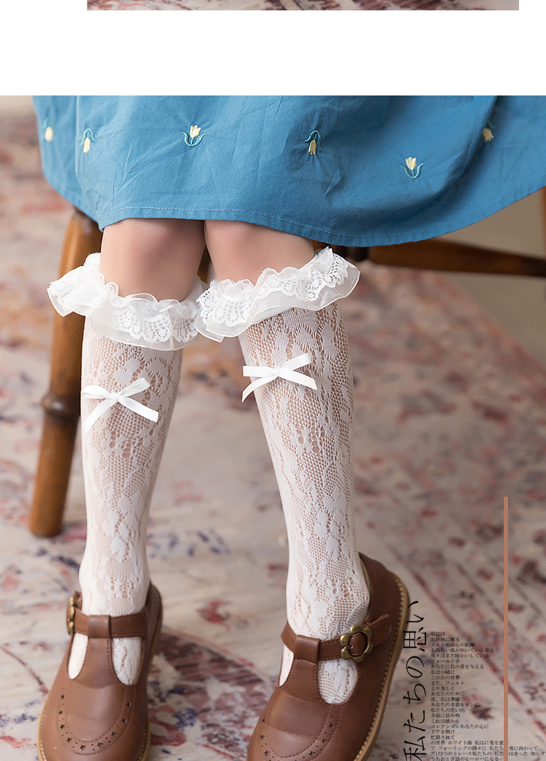 女童洛丽塔中筒袜春夏季薄款儿童高筒袜浪漫蝴蝶结蕾丝花边公主袜