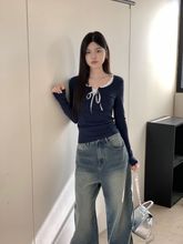 韩版纯欲甜辣风木耳边系带v领打底衫T恤女修身短款长袖打底衫上衣
