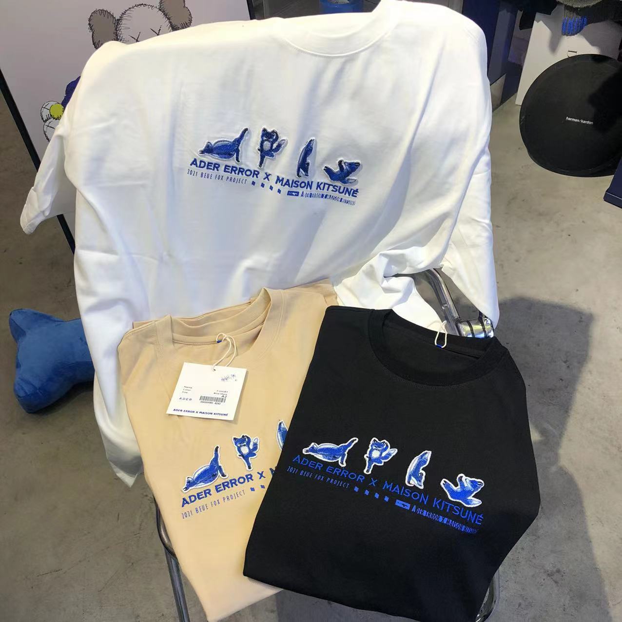 maison kitsune×ader联名22春秋新款潮牌蓝色瑜伽狐狸情侣t恤