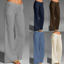 跨境女装新品 欧美亚马逊eBay纯色棉麻抽绳宽松大码休闲阔腿长裤