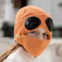 跨境针织帽男女儿童新款冬季滑雪保暖帽户外防风眼镜带口罩护耳帽