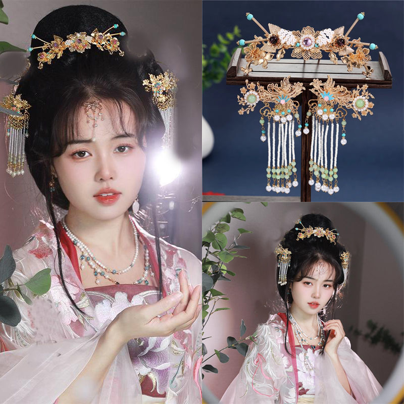 汉服头饰古风发饰原创流苏对夹步摇套装坦领花朵头冠发夹明制套装
