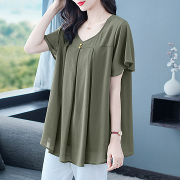 显瘦加大码时尚宽松胖妈妈中老年女装夏百搭休闲短袖雪纺衬衫上衣