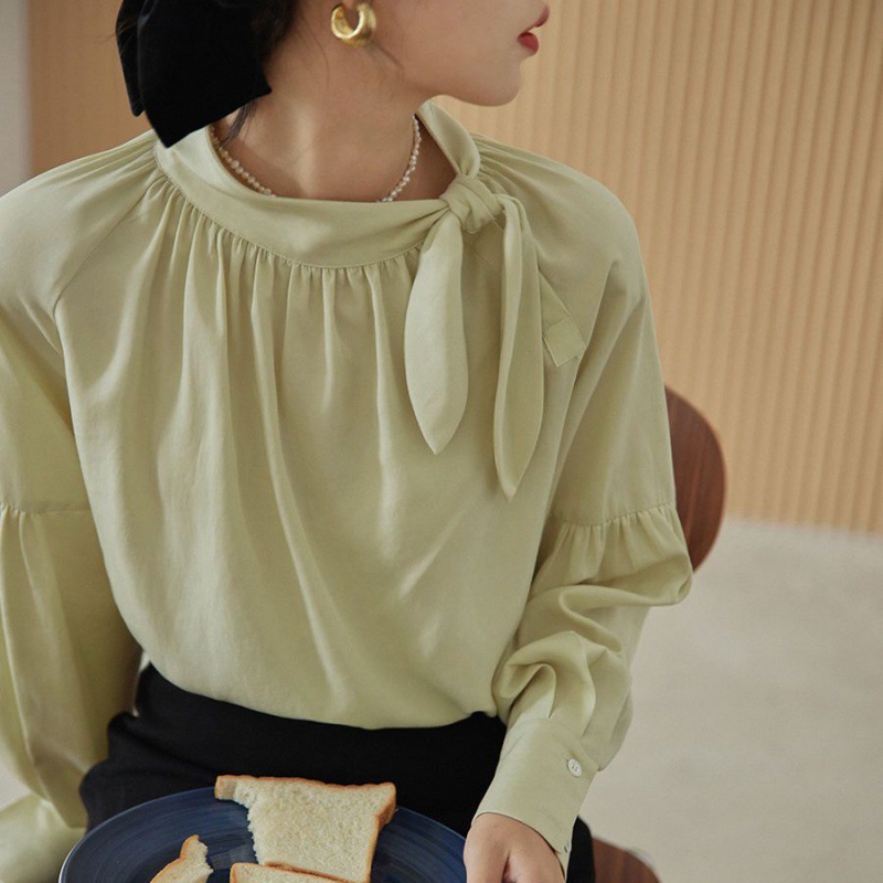 法式天丝长袖领口打结衬衫女早春新款设计感复古小众气质别致上衣