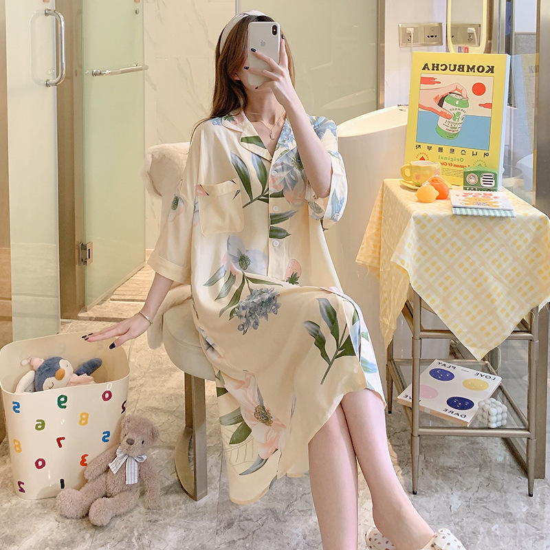 European Style Artificial Cotton Nightdress Women's Summer Thin Short-Sleeved Cardigan plus Size Shirt Dress Spring and Autumn Can Be Worn outside Cotton Silk Home Clothing