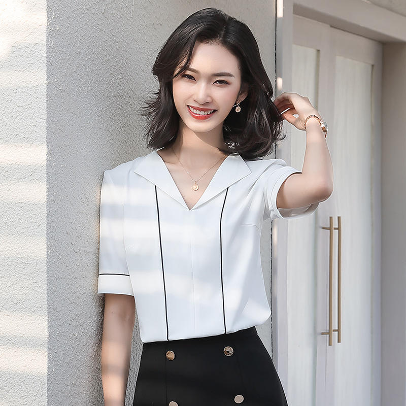雪纺衬衫女短袖夏季新款时尚气质上衣轻熟宽松洋气设计感职业衬衣