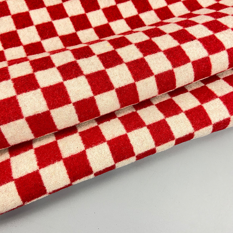 现货批发双面棋盘格印花粗纺毛呢面料 新款大衣外套毛呢绒毛面料