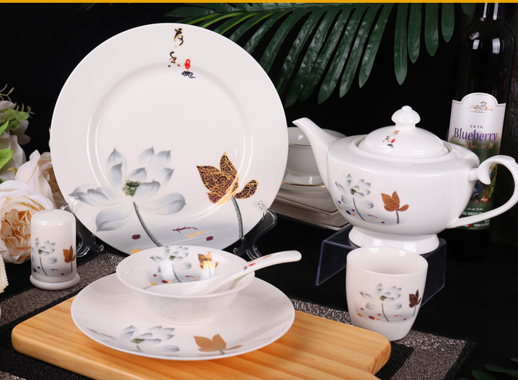 厂家批发新中式酒店摆台餐具陶瓷苏菲盘中国风水墨画荷花鱼碗碟盘