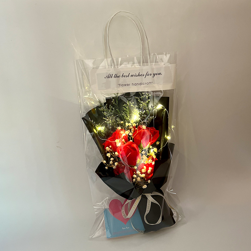 Teacher's Day Carnation Transparent Handbag Bouquet with Light Preserved Fresh Flower Starry Rose Soap Flower Valentine's Day