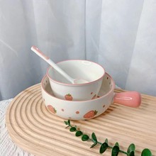 陶瓷碗家用水蜜桃米饭碗套装卡通水果碗网红可爱手柄碗勺餐具组合