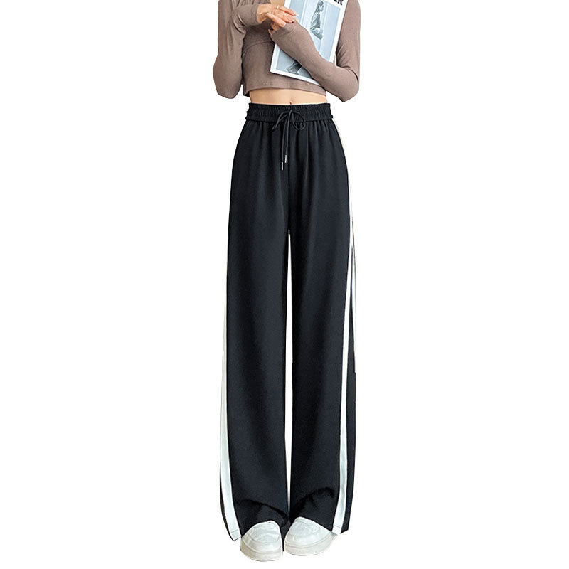 Drawstring Wide-Leg Pants Women's Pants 2023 Spring and Summer High Waist Straight Loose Black Casual Spring and Autumn Repair Sports Trousers