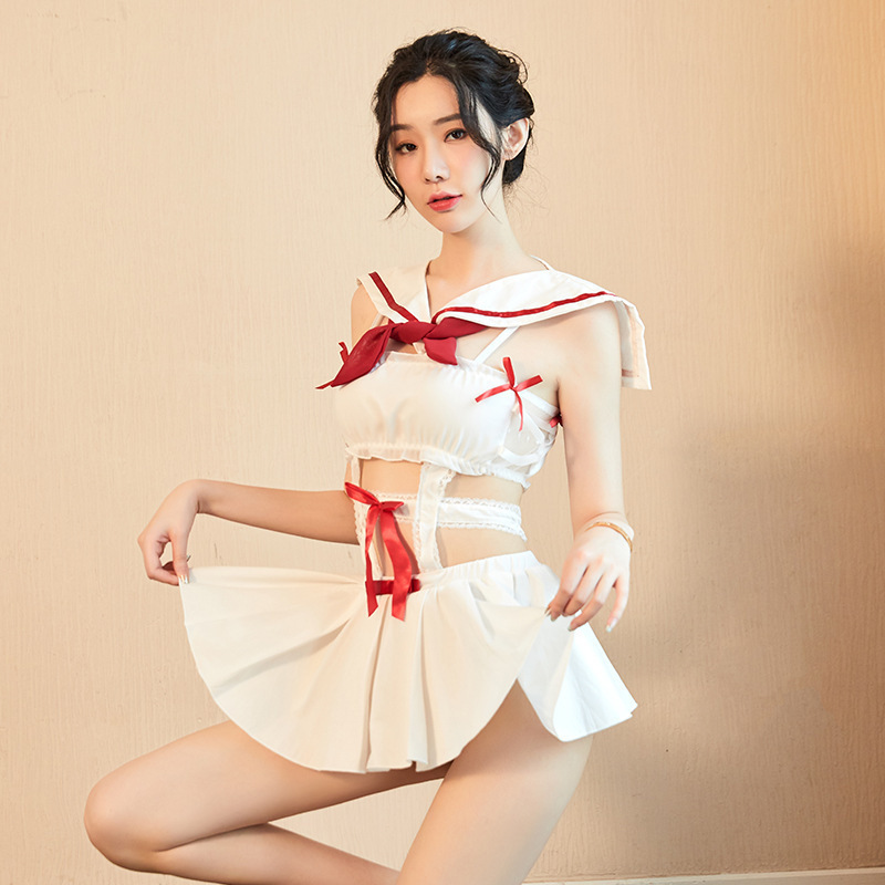 批发情趣内衣露腰水手学生装系带露胸蝴蝶结制服诱惑短裙套装代发