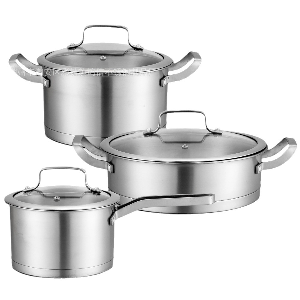 430 Stainless Steel Pot Set Thick Right Angle Soup Pot Milk Pot Wok Frying Pan Steamer Three-Piece Gift Electromagnetic
