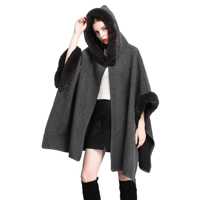 203# European and American Autumn and Winter New Imitation Rex Rabbit Fur Collar Hood Shawl Cape Oversized Woolen Coat Loose Cardigan for Women