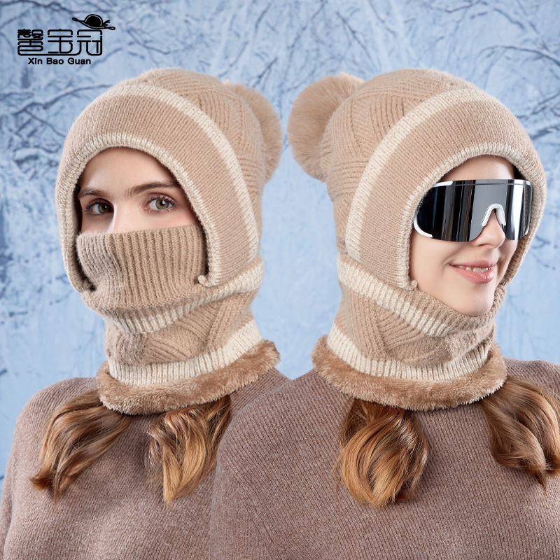 winter pullover hat women‘s fleece-lined earflaps scarf mask one-piece hat cycling thermal and windproof knitted woolen cap
