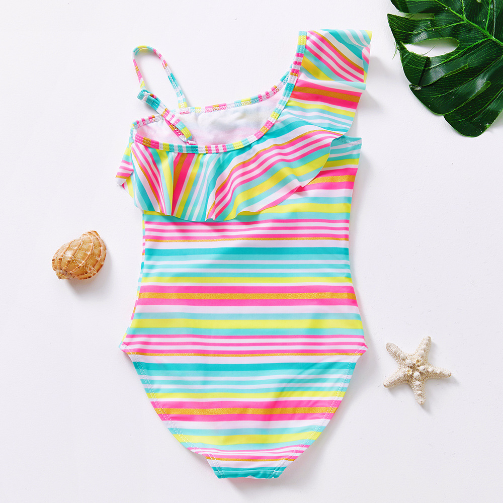 Spot Foreign Trade New Girl's One-Piece Swimming Suit Striped Bronzing Children's One-Piece Swimsuit Children Swimsuit