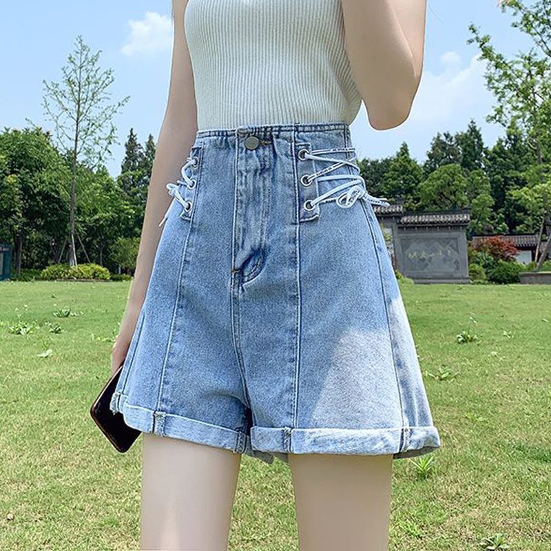 2024高腰牛仔短裤女a字浅色阔腿热裤感外穿卷边设计系带夏季新款