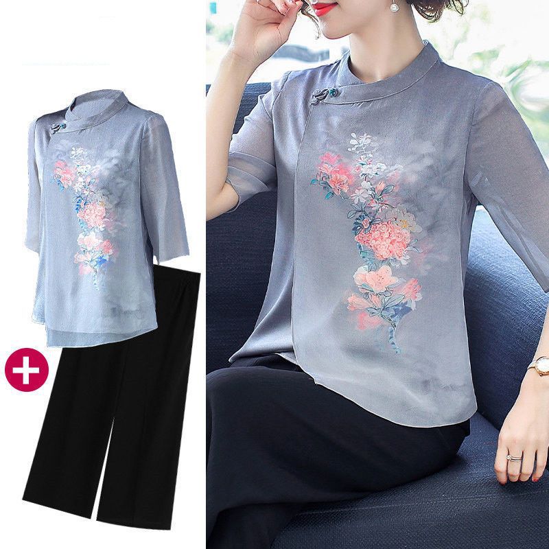 中国风妈妈洋气雪纺衫中年女夏天中袖t恤上衣老年人夏装套装短袖