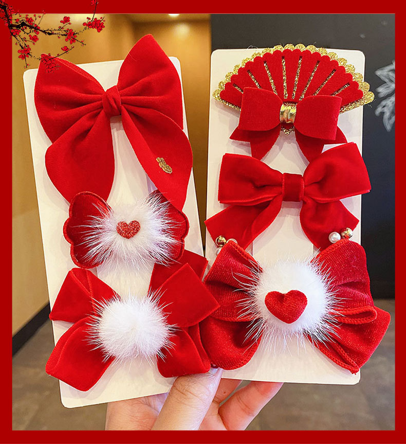 儿童发夹中国风女童红色蝴蝶结发卡小女孩汉服过年夹子新年发饰