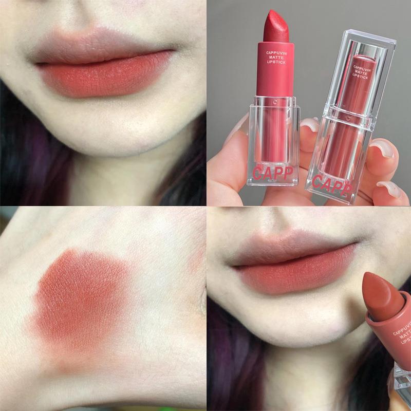 Cappuvini Transparent Acrylic Lipstick Matte Finish Romantic Lipstick Cinnamon Peach Oolong Student White