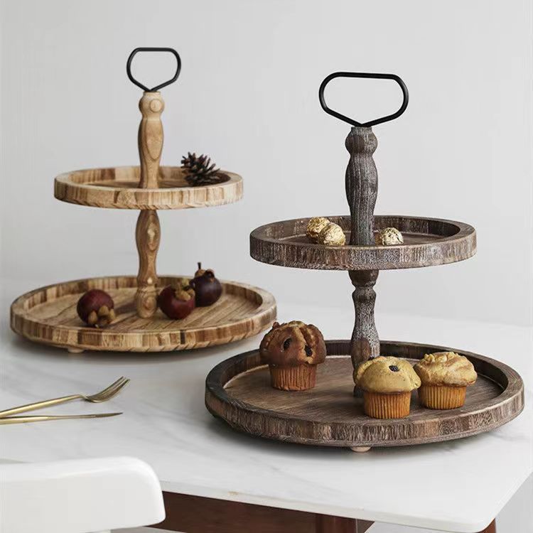 Cross-Border Wooden Tray Dessert Stand Double-Layer Three-Layer Paulownia Wood Cake Plate Decoration Tray Display Stand