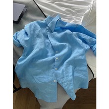 蓝色棉麻女士衬衫女男友风2023早春新款减龄漂亮洋气小衫亚麻衬衣