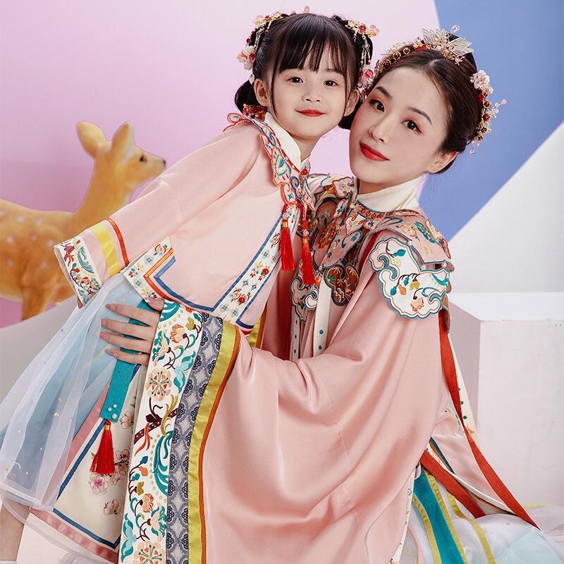 西子问汉服女童春秋新款中国风成人亲子款宝宝周岁原创礼服笑春风
