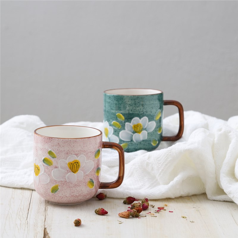 手绘釉下彩蓝染山茶花大容量花茶杯高温烧制茶隔马克杯陶瓷杯