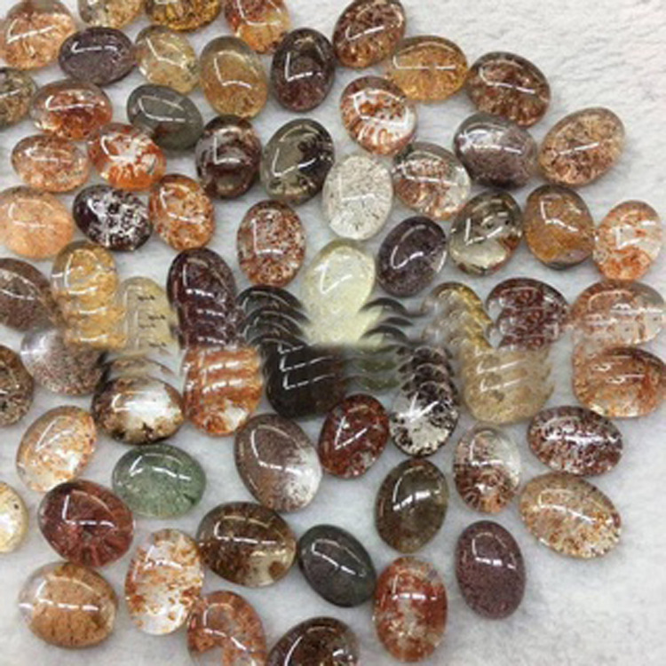 批发四季彩幽灵满盆水晶原石单圈彩椭圆形蛋形戒面男女戒指