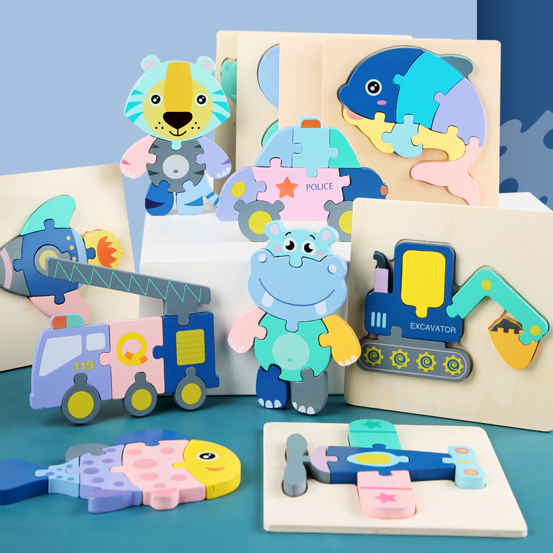 创意趣味加厚3d立体卡扣拼图幼儿童早教益智卡通动物拼装拼板玩具