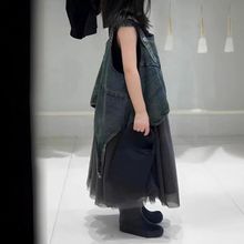 韩国童装2024夏季新款儿童套装牛仔拼接网纱背带裙背心潮