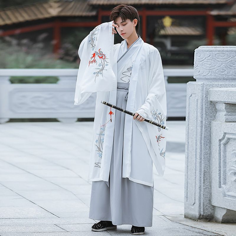 中国风白色大袖外氅交领绣花上衣襦裙广袖薄款男生汉服古装演出服