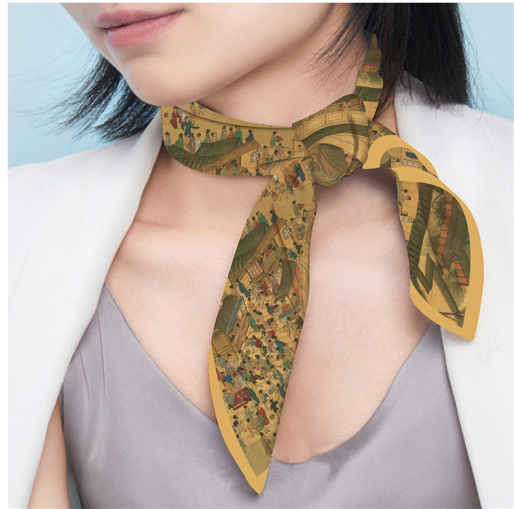 国风清明上河图 国潮新风尚女士53cm 小方巾丝巾围巾围脖发带批发