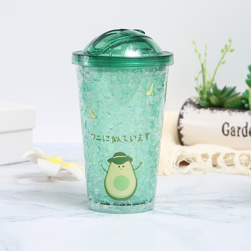 Summer Double Wall Cooling Plastic Cup Fresh Avocado Couple Crushed Ice Cup Straw Milkshake Slide Cover Cup with Straw