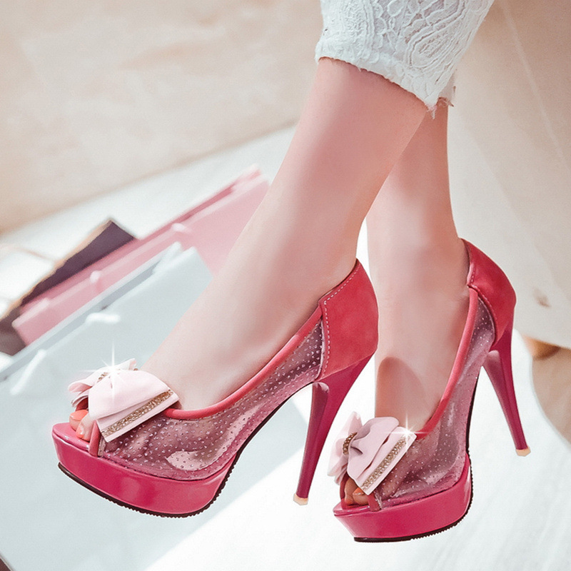 40-43大码鞋子夏季新款鱼嘴凉鞋女甜美蝴蝶结网纱高跟鞋外贸女鞋