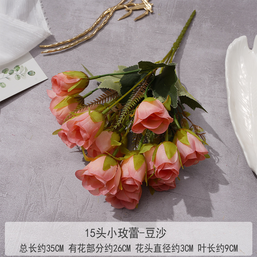 Cross-Border Foreign Trade Autumn Rose Bud Living Room Decoration Indoor Artificial Flower Hotel Decoration Set Artificial Flowers Rose Bud Decoration