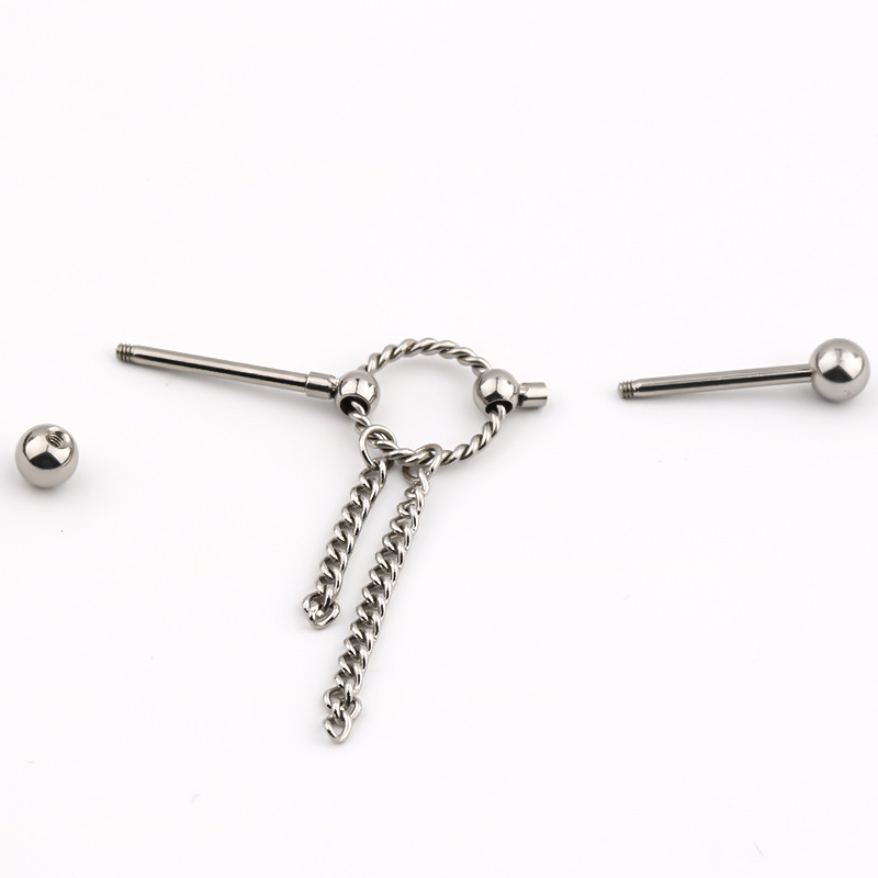 14G Barbell Ear Studs External Thread Body Piercing Chain Ring Double Ear Piercings Two-Section Earrings Cross-Border Simple