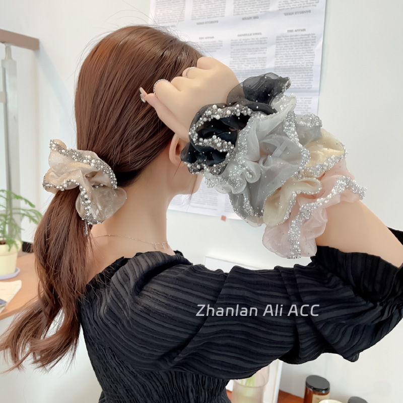 ins风高级感水钻大肠发圈珍珠网纱发饰扎马尾发绳高弹力发圈批发