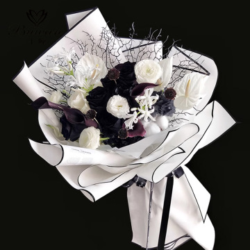 黑白贵族花束包装纸黑色白边白色黑边鲜花包花纸素色防水果冻膜