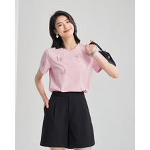 粉色短袖t恤女2023新款夏季蝴蝶装饰宽松独特设计感小众纯色上衣
