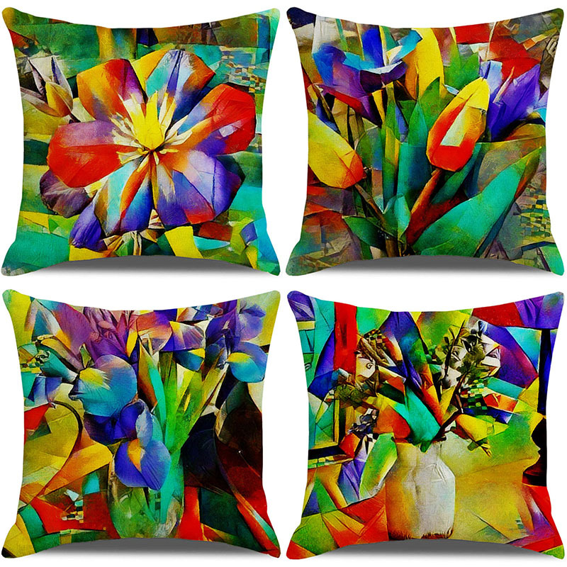 2023 Amazon Creative Abstract Flowers and Plants Linen Pillow Cover Cross-Border Nordic Oil Painting Pillow Home Supplies Cushion