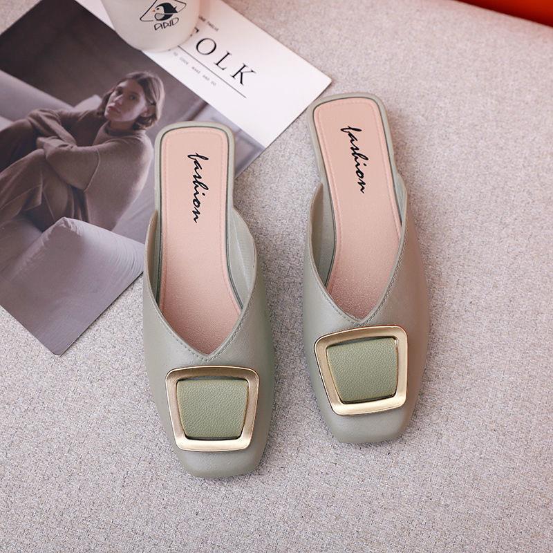 Square Buckle Closed Toe Half Slippers Women's Fashion Outerwear 2023 New Muller Flat Heel Buckle Square Toe Lazy Sandals Women's Shoes