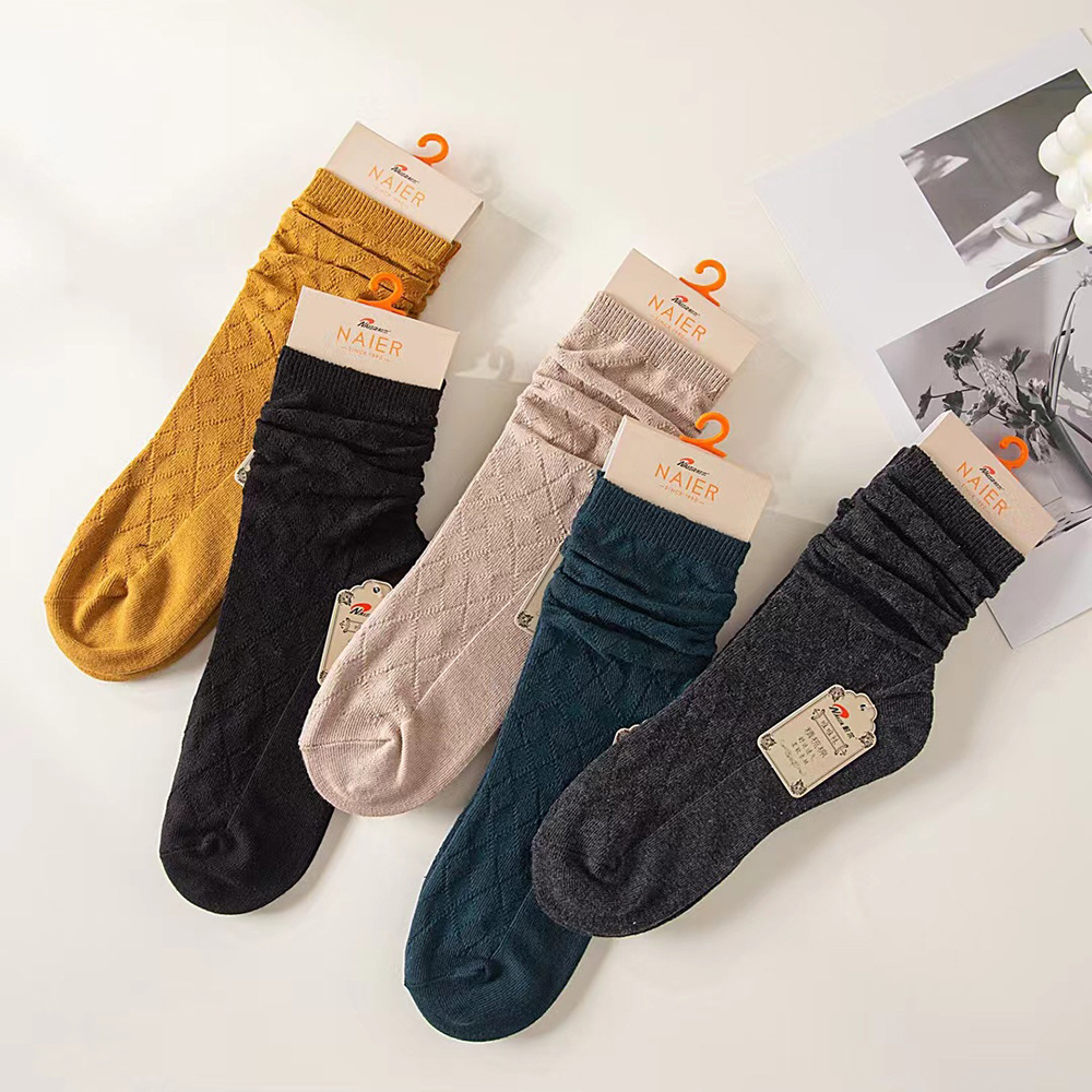 23秋冬新品耐尔精梳棉袜堆堆袜净色暗纹高筒女袜双针竖条厚袜子