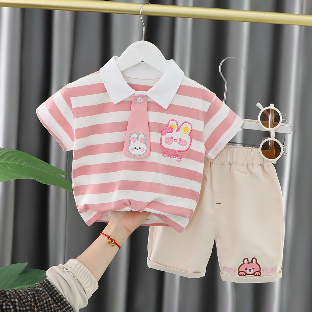 Boys Summer New Girls Korean Style Striped T-shirt Suit Fashion Baby Cute Short Sleeve Two-Piece Set Wholesale