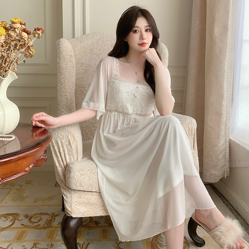 春夏新款纯白睡衣女莫代尔网纱休闲长袖家居服带胸垫可外穿睡裙