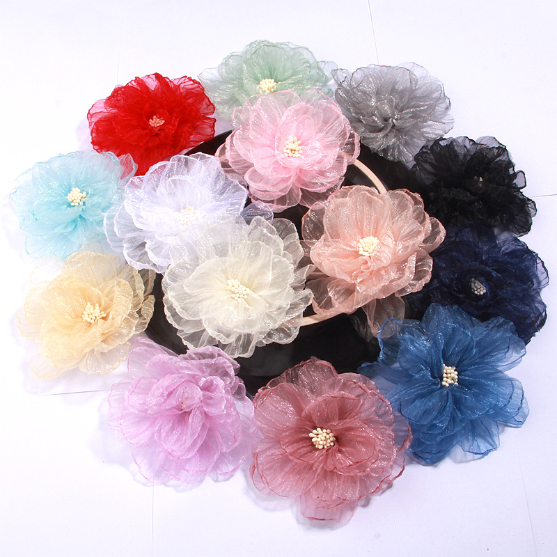 Diy Headdress 9cm Korean Style Organza Hand-Burnt Edge Flower Crumpled Yarn Fabric Flower Shoes and Hats Clothing Accessories