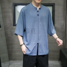 Zl亚麻时尚短袖T恤男薄款衬衫中国风男装夏季中式唐装大码半袖棉