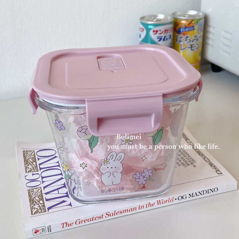Heat Transfer Printing Flower Room Rabbit Heat-Resistant Glass Crisper Freshness Bowl Sealed Bento Box with Lid Glass Bowl