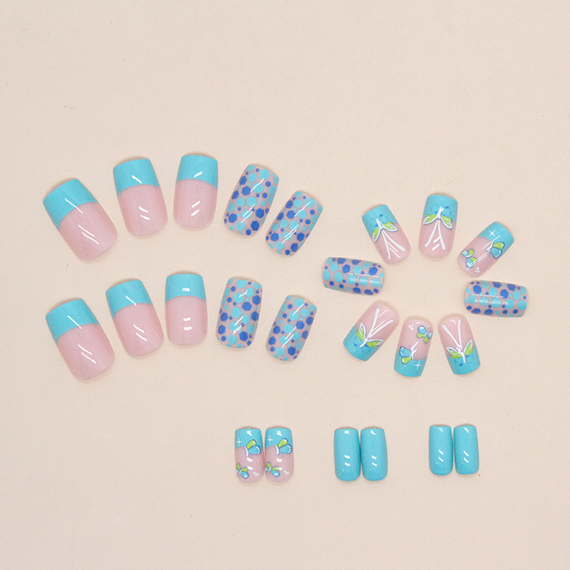 Blue Green Butterfly Manicure Square Mid-Length French Wear Nail Polish