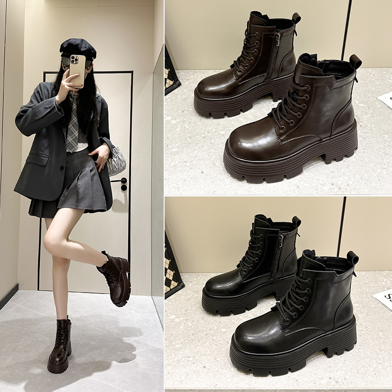 厚底马丁靴女2024秋新款真皮时尚百搭潮流舒适小个子粗跟短靴女